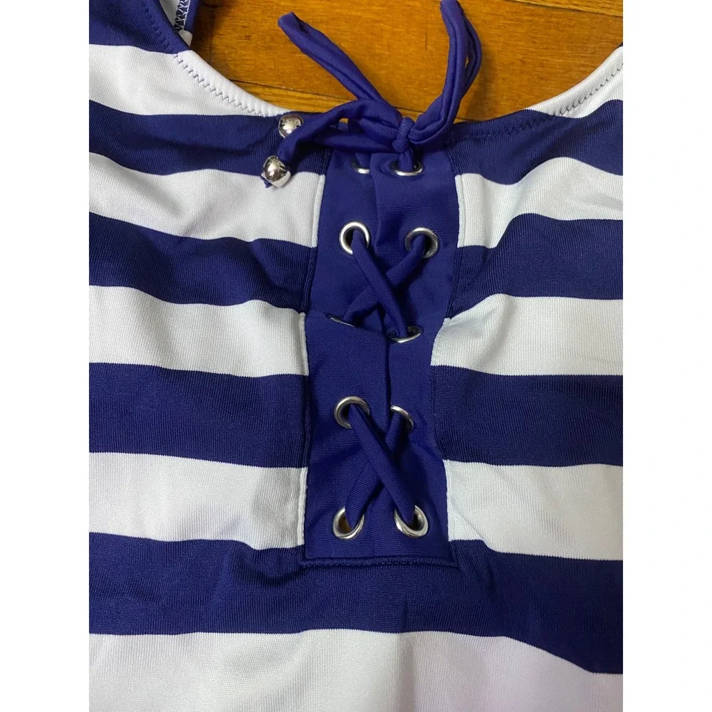 Mossimo Women Blue White Striped Lace Up One Piece Swimsuit Cutout Back